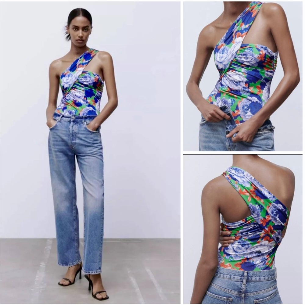 Zara One Sleeve Floral Asymmetric Top